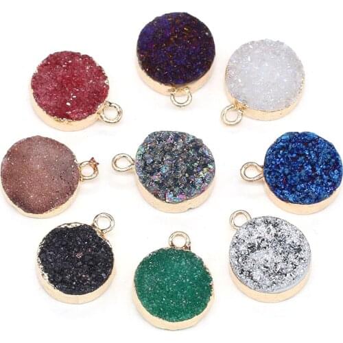 Natural Agates Stone Pendants Round Druzy Geode Crystal Agates Stone Charms for Jewelry Making Necklace Bracelet Gift