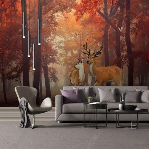 Custom Photo Wallpaper European Hand Painted Oil Painting 3D Golden Forest Couple Elk Mural Background Wall Decoration Painting
