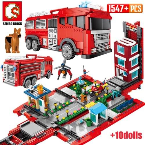 SEMBO 1547pcs City Fire Truck Deform Street View Building Blocks Fire Station Fireman Police Figures Bricks Children Toys