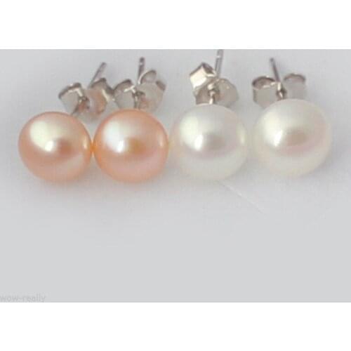2 Pairs 7-8mm Natural pink white Cultured Pearl Silver Stud Earrings Eardrop