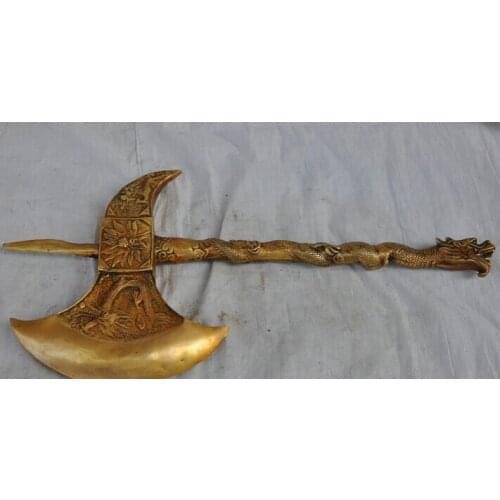 Song voge gem S2822 18" Chinese Pure Brass Fly Dragon Statue Protect Exorcise Talismans Weapon Axe