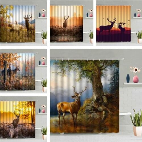 Deer Animal Shower Curtain Sika Deer Forest Tree Sky Sunset Scenery Oil Painting Wall Hanging Curtains Bathroom Waterproof Decor