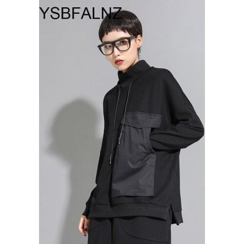 Women Big Pocket Contrast Color Split Big Size T-shirt New High Collar Long Sleeve Tops Fashion Spring Autumn 2021 Dames Kleding