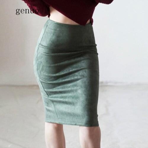 Women Skirts Suede Solid Color Pencil Skirt Female Autumn Winter High Waist Bodycon Vintage Suede Split Thick Stretchy Skirts