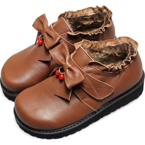 Genuine Leather Winter Wool Plush Warm Lolita Boots Bowknot Round Toe Flats Cosplay Kawaii Japanese Cute Anime Cos Women Shoes