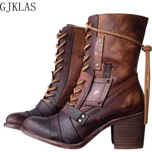 Size 43 High Top Leather Boots Women Spring Autumn Chunky Heels Ankle Boots Femme Fashion Lace Up Punk Shoes Bottine Cowboy