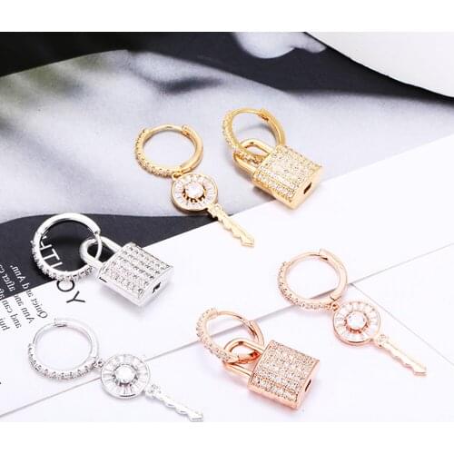 Micro Pave CZ Key Lock Drop Earrings For Women Accessories Small Gold Silvery Hoops Female Luxury Earrings Jewelry Gift 2021 New