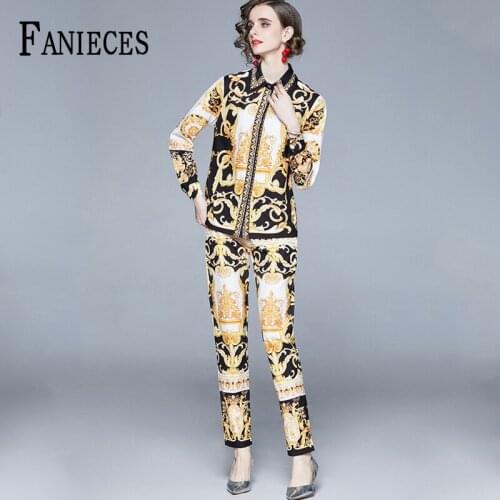 Spring Summer Fall Runway 2 Piece Women Sets Vintage Floral Print Long Sleeve Tops shirt and Pants Suits Outfits chandal mujer