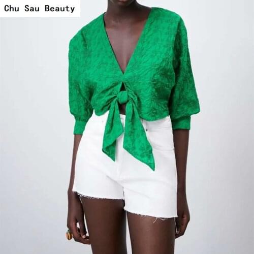 Chu Sau Beauty Summer Womens Sweet Bowknot Flower Embroidered V-Neck Top Ladies Fashion Casual Green Three-Quarter Sleeve Shirt
