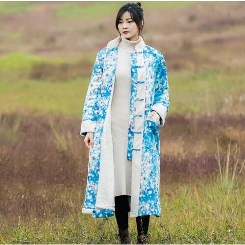 Women National Style Single Breasted Fleeced Coat Long Coat Outerwear Ladies Print Fleece Overcoat Female Winter Parkas