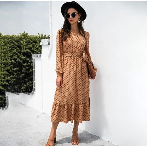 Autumn Winter Boho Dress 2021 New Fashion Casual V-neck Polka Dot Long Sleeve Elegant Beach Midi Dresses For Women Robe Femme