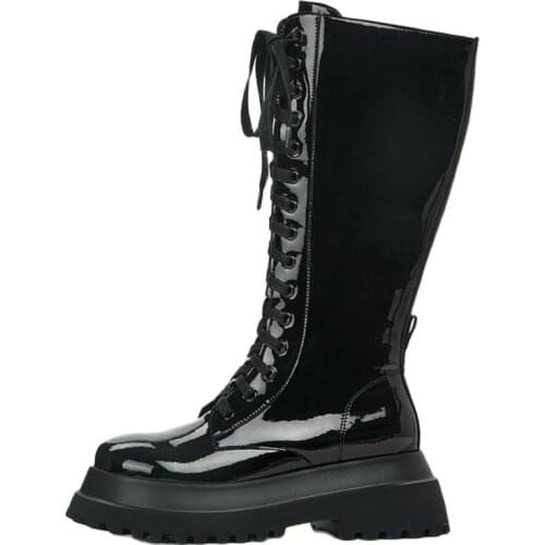 Dovereiss Winter New Fashion Sexy Cross Lacing Genuine Leather Goth Round Toe Chunky Heels Knee High Boots Matin Boots