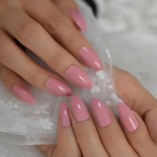 Plain Nails with UV Gel Thin Stiletto False Nails Coral Pink Like A Smile Shiny Color Nail Art Tips