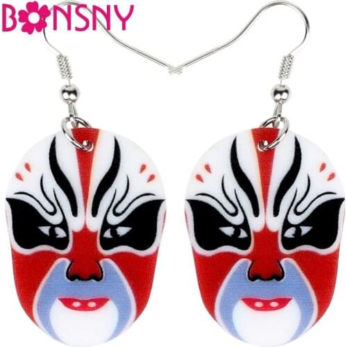 Bonsny Acrylic Unique Chinese Beijing Opera Mask Earrings Drop Dangle Vintage Ethnic Jewelry For Women Girls Charms Wholesale