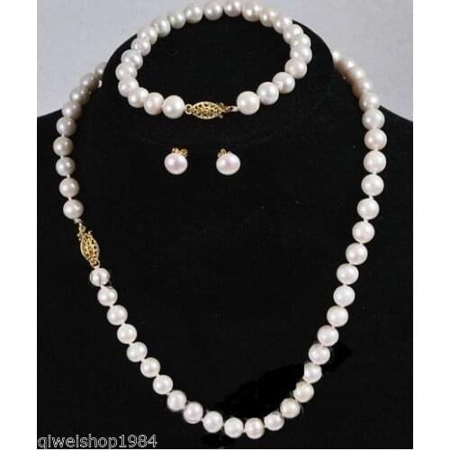 8-9MM Genuine White Akoya Cultured Pearl bracelets necklace 18" earrings set shipping free