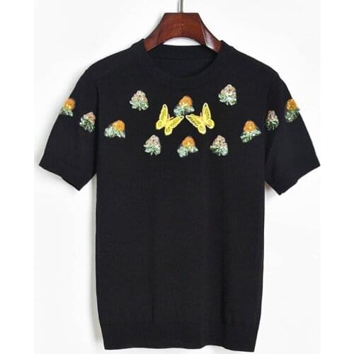 Elegant Knitted T Shirt Women 2020 Summer Thin Pullover T-shirt 3D Butterfly Glitter Flowers Short-Sleeved Sweater Tee Lady Tops