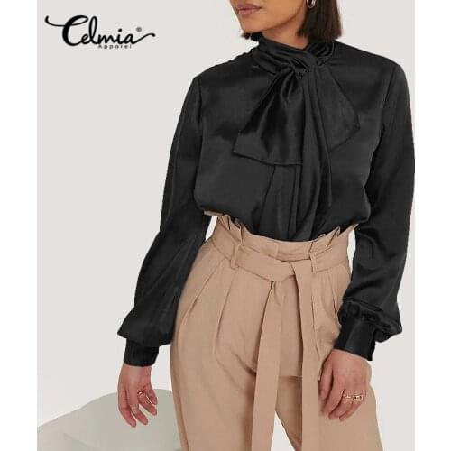 Elegant Satin Tops Celmia 2021 Autumn Women Blouse Lantern Long Sleeve Bow Tie Casual Loose Solid Office Tunic Shirt Oversized