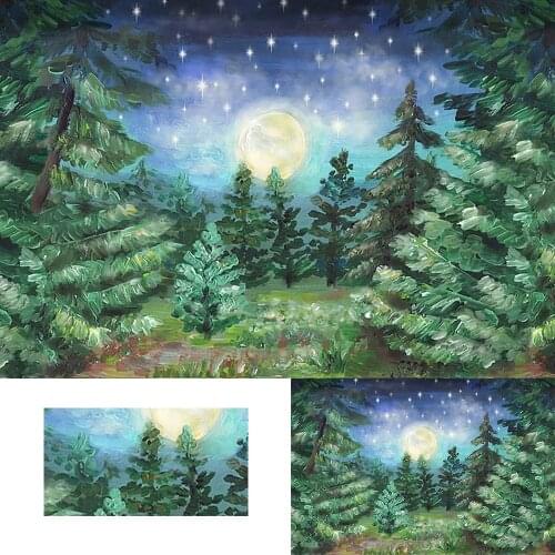 Forest Big Moon Dark Night Backdrop Decorative Christmas tree Photography Background Glitter stars photogrounds Photo Studio