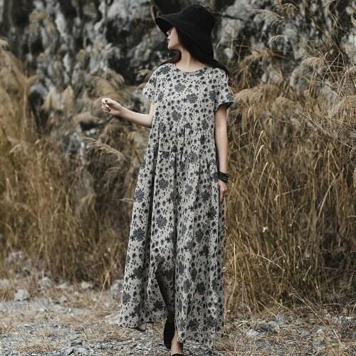 Johnature 2021 New Summer Dress Vintage O-neck Short Loose Natural Long Dress Print Mid-calf Regular Cotton Women Dress
