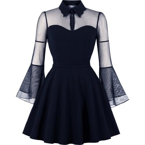 Fashion Mesh See-through Flared Sleeve Dress Casual Womens Lapel Loose MIDI Skirt 2021 Summer New Fashion Slim Elegant Vestidos