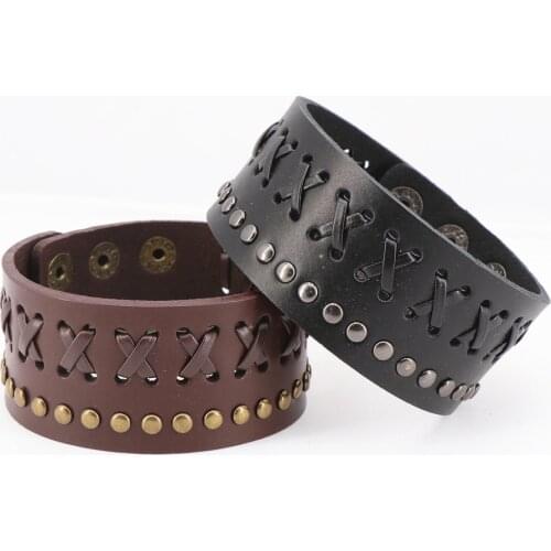 Mens Punk Vintage Cuff Genuine Leather Bangle Bracelet For Men Best Gift Jewelry Black Brown