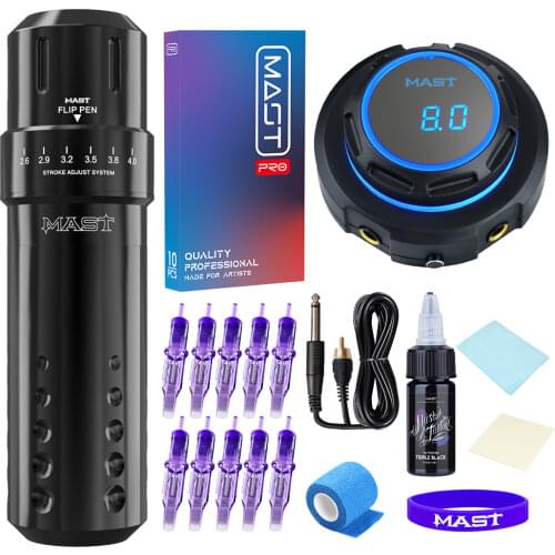 Mast Flip Adjustable Stroke Lengths PMU Triple Black 15ml Tattoo Machine Pen Kit OLED Display Power Supply Cartridge Needles Set