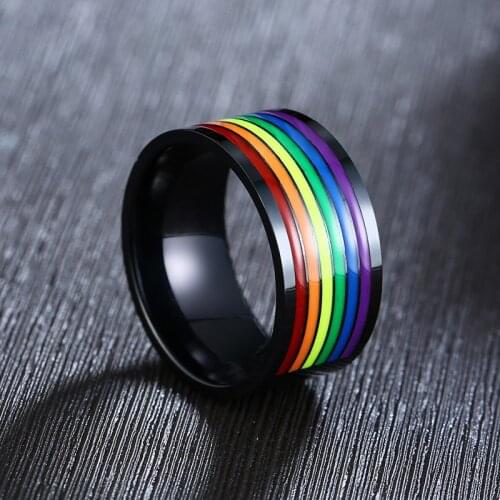 Modyle 2020 New Fashion 316L Stainless Steel Enamel Rainbow LGBT Pride Ring Lesbian Gay Wedding Engagement Ring for Men Gifts
