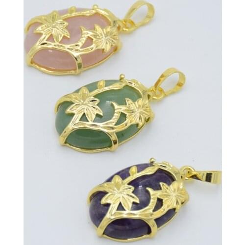 New Natural Stone Crystal Gold Color Plated Flower Egg Shaped Oval Cabochon Pendant for Women Necklace Fashion Jewelry Party