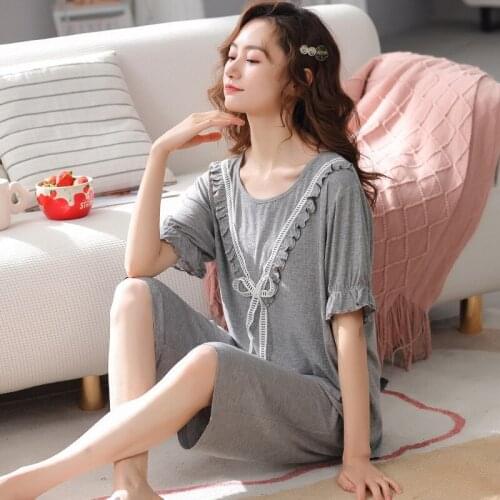 2021Summer New Two Piece Pajamas Suit Solid Modal Pajamas Women Simple Ruffle Lace Home Suit l Large Size Casual Home Service