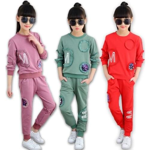 Teenage Girls Clothes Children Clothing Set Cotton Sweatshirt + Pants Two-Piece Casual pink Kids Girls Clothes Suit 6 8 10 12