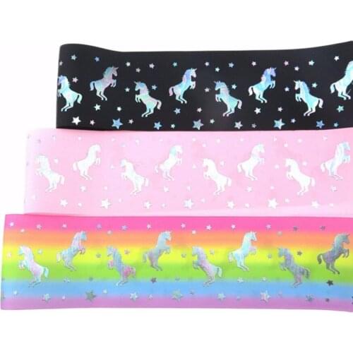 Wholesale 100Y/lot 75mm 3" holographic silver foil unicorn printed polyester grosgrain ribbon welcome custom order