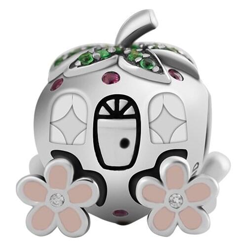 Fits Pandora Charms Bracelets Cinderella Strawberry Beads with Green & Red CZ 100% 925 Sterling-Silver-Jewelry Free Shipping