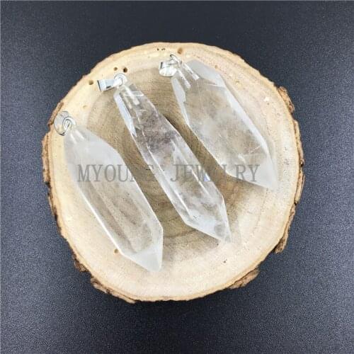 MY0792 Raw Crystal Quartz Pillar Point Pendant, Smooth Clear Quartz Spike Pendant with Silver Color Bail
