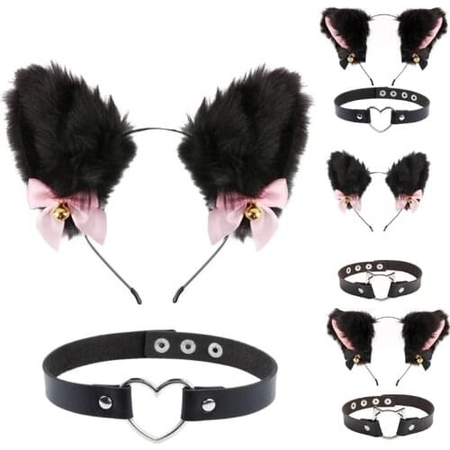 Cat Ears Headband Plush Furry Cute Cat Ears with Bow Bell Chocker Fluffy Headwear Kitten Necklace for Party Halloween