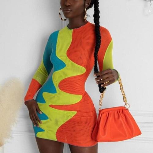 Showmirror Sexy Mesh Bodycon Dress Trend Color Long Sleeve Undefined Mini Dress Women Streetwear Slim High Stretchy Skirt