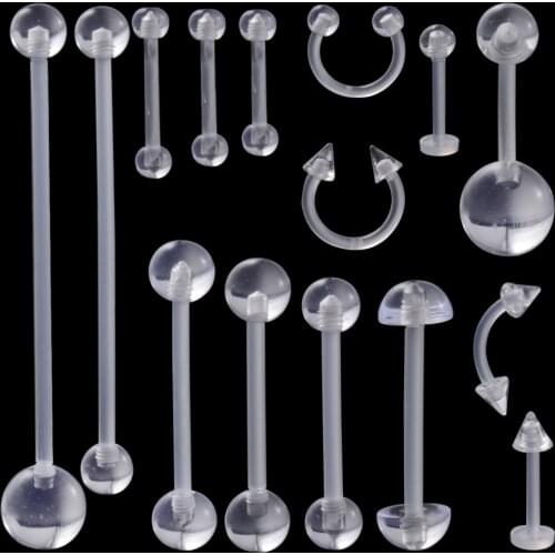 15pcs Mixed Bioplast Flexible PTFE Belly Ring Earrings Lobe Lip Ring Horseshoe Tongue Barbell Nipple Bar Body Piercing Jewelry