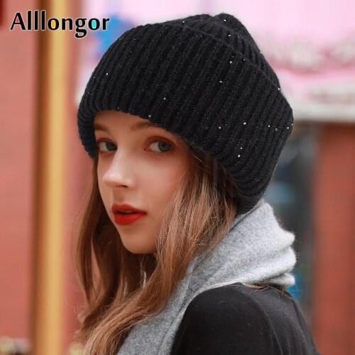 Paillette Designer New Autumn 2021 Winter Hat For Women Fashion Warm Three Fold Thick Knitted Beanie Hats Girls Skullies Beanies