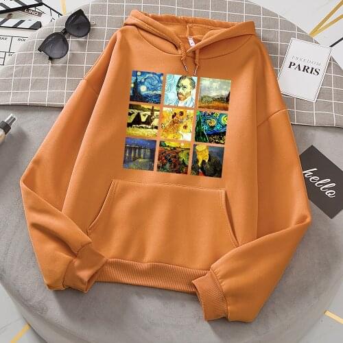 Van Gogh Works Sanskrit Print Hoodie For Women Autumn Crewneck Sweatshirt Fleece Loose Hoodies Vintage Pullover Female Clothing