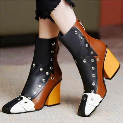 Party Punk Goth Pumps Women Genuine Leather Boots Square Toe High Heels Sexy Motorcycle Party Pumps Shoe 34 35 36 37 38 39