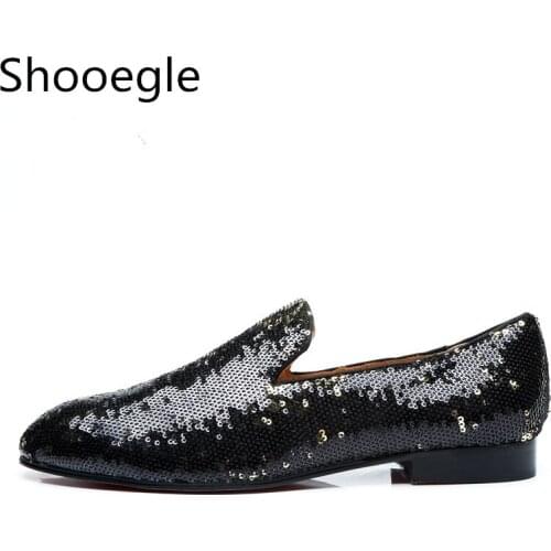 Men Black Patent Leather Slip On Dress Shoes Bling Glitters Flats Party Wedding Casual Shoes