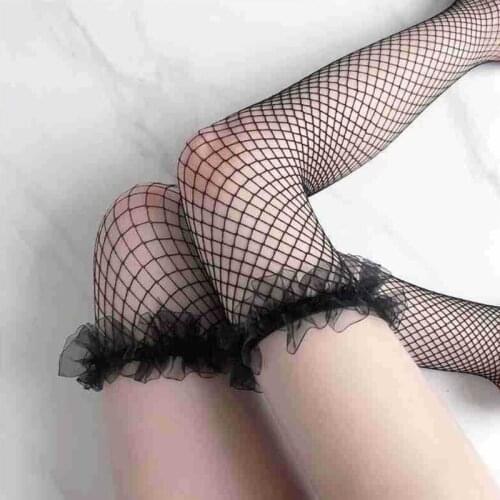 K3NF Japanese Women Student Fishnet Thigh High Stockings Anime Lolita Kawaii Sweet Ruffles Trim Hollow Out Mesh Transparent Over