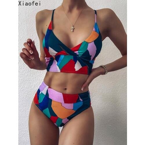 Women Print V Neck Swimwear Cross Two Piece Swimsuit Brazilian High Waist Bikini Set