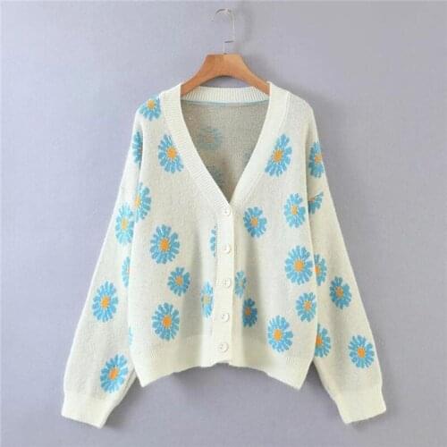 Women Sweet Small Little Daisy Knitted Cardigan Sweater V NecK Casual Long Sleeve Button-up Female Outerwear Chic Tops