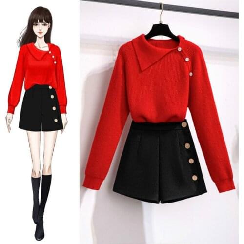 2021 Women Autumn Winter Vintage Suit Lady Button Sweater + High Waist Wide Leg Pant 2 Piece Sets Female Casual Loose Sets