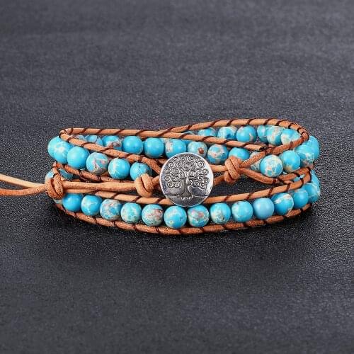 VOQ Women Vintage 6mm Emperor Stone 2 Laps Wrap Bracelet Beaded Adjustable Cowhide Rope Braided Handmade Luxury Jewelry