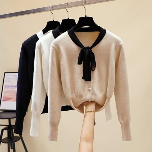 Saythen Knitted cardigan Bow tie buttons sweater women soft autumn winter 2020 new top sweater short coat loose Desiger cardigan