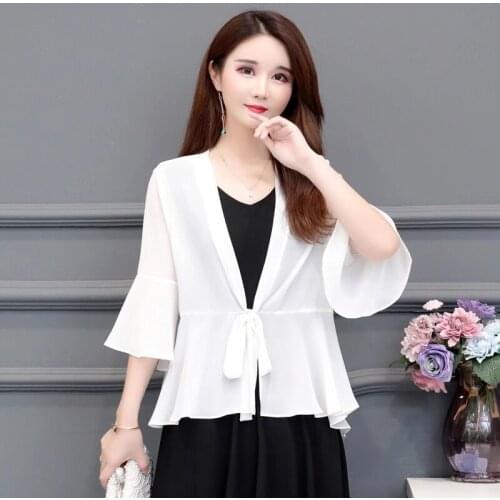 2021 Spring Summer White Chiffon Jacket Women Three Quarter Sleeve Sunscreen Shirt Loose Thin Coat Plus Size Ladies Tops Y980