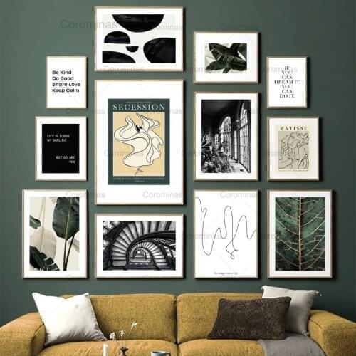 Abstract Wall Art Canvas Painting Green Leaf Figure Line Stairs Nordic Vintage Posters and Prints Pictures for Living Room Decor