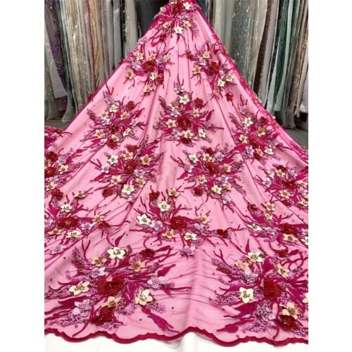African Mesh Lace Fabric With 3d flower and beads Nigerian SYJ-518689 Lace Fabric French Tulle Lace Fabric For Wedding Party