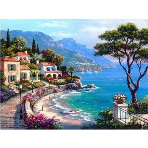Diamond embroidery landscape painting rhinestones beach villa landscape DIY diamond painting cross stitch home decoration gift